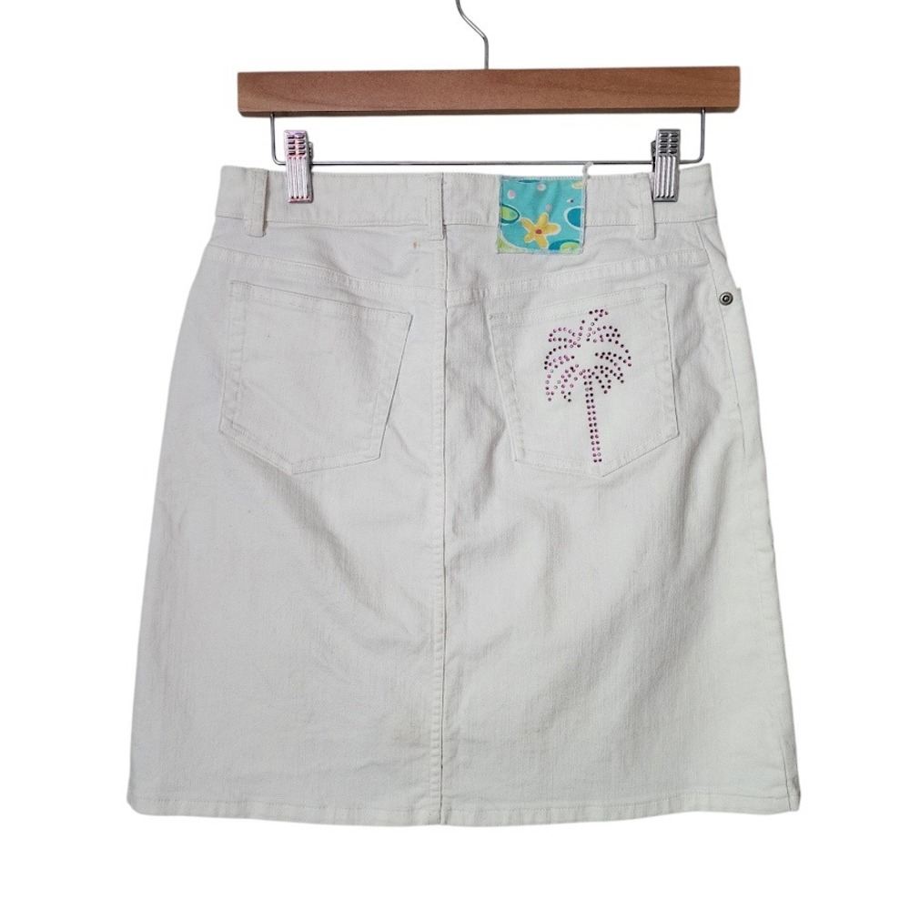 LILLY PULITZER White‎ Denim Palm Tree Rhinestone Embellished Skirt Size 0
